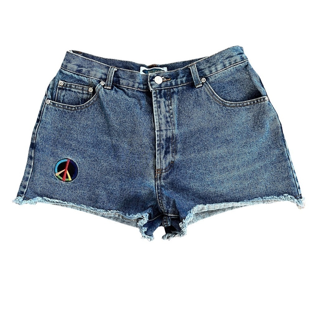 Vintage Y2K High Rise Embroidered Peace Rainbow Denim Cutoff Boho Jean Shorts